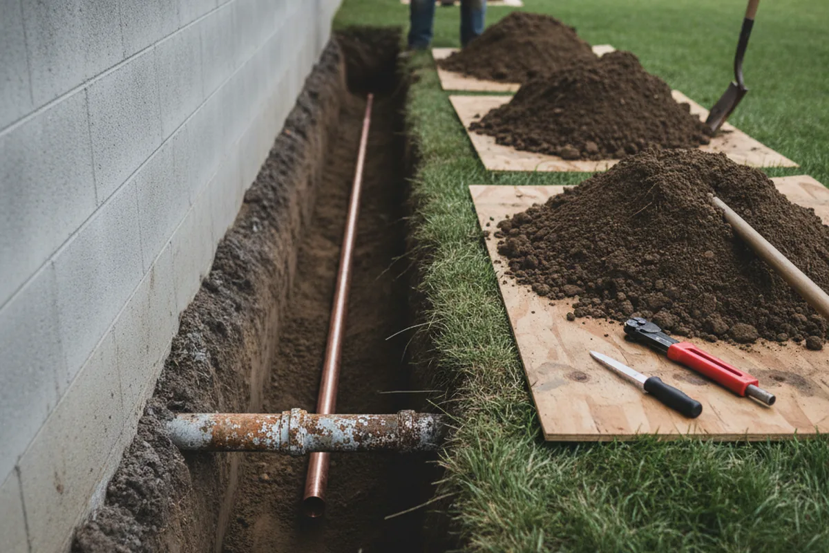Excavated water line trench during Sewer Line Repair in Poland